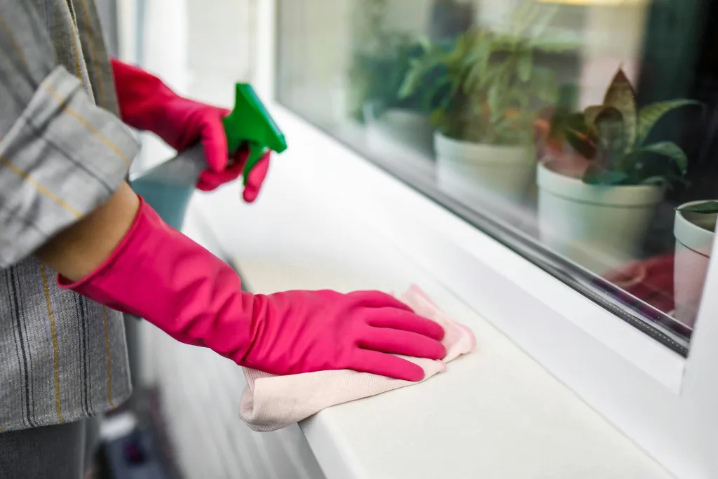 Limpeza de perfis e caixilharia em janela PVC durante manutenção preventiva para preservar vedantes e eficiência energética.