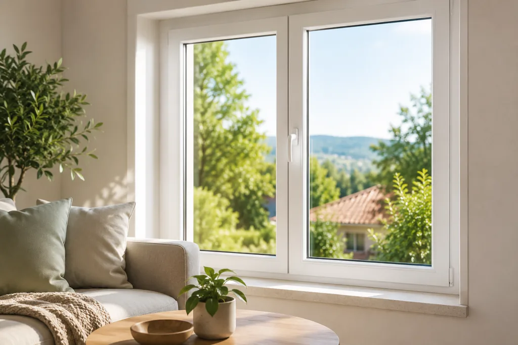 Janela em PVC branca instalada numa sala moderna e luminosa, com vista para o exterior e ambiente confortável e bem iluminado.